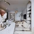 Warm Modern Dining and Living Room with Ceiling Fans Sofa Coffee Table and Decorative Painting