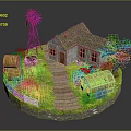 Cartoon Farm Scene With Windmill Cottage Hay Bales Tree Greenhouse Stone Path And White Fence