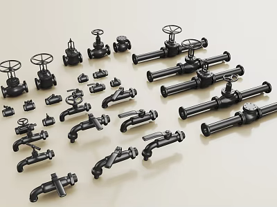 Black Metal Pipes and Valves in Various Shapes Sizes Arranged on Light Background 3d model