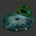 Futuristic Circular Stage Platform With Illuminated Edge Central Hole Decorative Patterns And Colorful Screen
