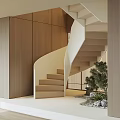 Modern Staircase Interior Design With Wooden Panels White Steps And Green Plant