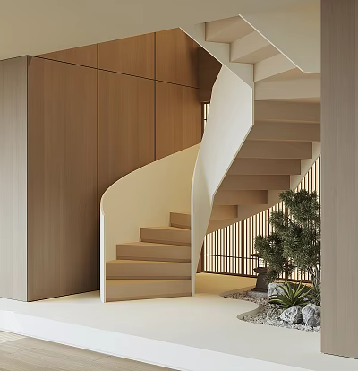 Modern Staircase Interior Design With Wooden Panels White Steps And Green Plant 3d model