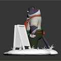 Gray 3D Cartoon Cat Wearing Red Green Apron Standing By Blank Whiteboard On Base