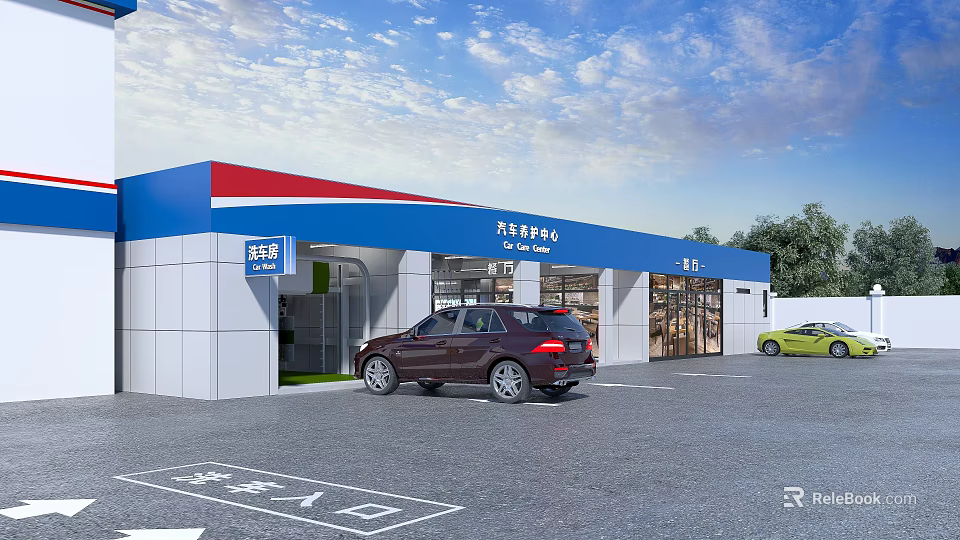 Auto 4S Shop Exterior With Blue White Red Building And Parked Cars At Entrance 3d model 