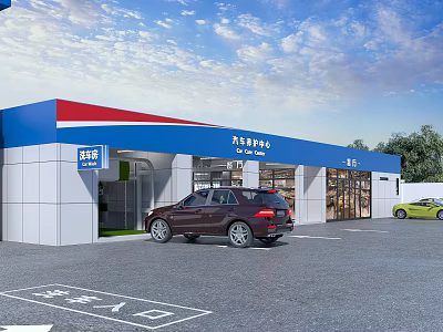 Auto 4S Shop Exterior With Blue White Red Building And Parked Cars At Entrance 3d model