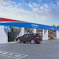 Auto 4S Shop Exterior With Blue White Red Building And Parked Cars At Entrance