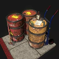 Household Supplies On Stone Slab With Red Yellow Oil Drums Blue Hand Truck And Axe