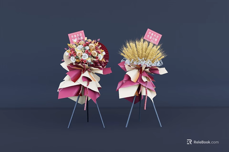 Decorative Flower Baskets With Mixed Flowers Wheat Ribbons On Tripod Stands 3d model 