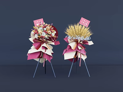 Decorative Flower Baskets With Mixed Flowers Wheat Ribbons On Tripod Stands 3d model