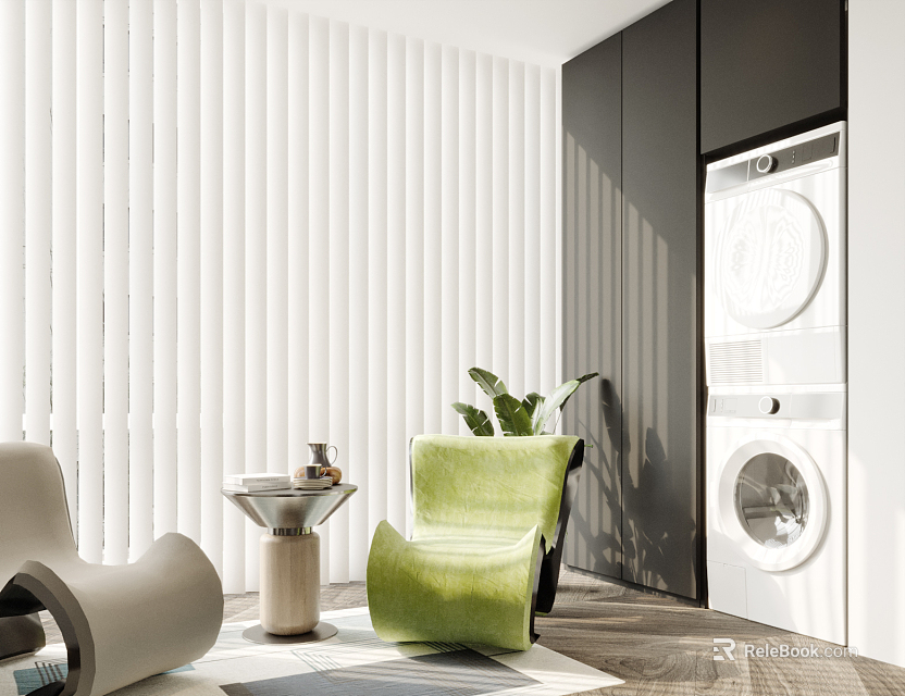 Home Balcony Interior Design With White Vertical Slats Green Armchair Small Table And Washing Machine 3d model 