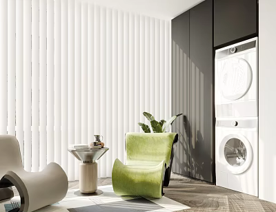 Home Balcony Interior Design With White Vertical Slats Green Armchair Small Table And Washing Machine 3d model