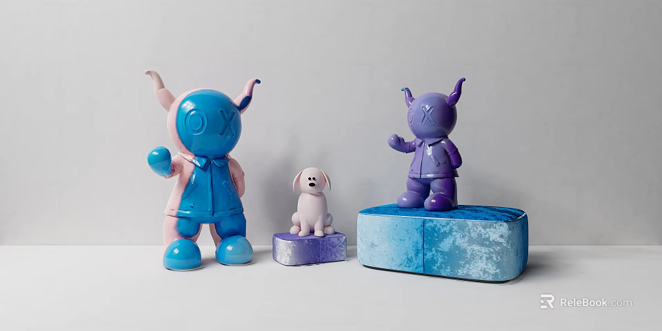 Unique Artistic Dolls Including Blue Pink Purple Horns And White Small Dog On Textured Bases 3d model 