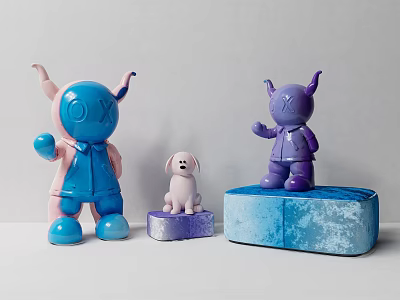 Unique Artistic Dolls Including Blue Pink Purple Horns And White Small Dog On Textured Bases 3d model