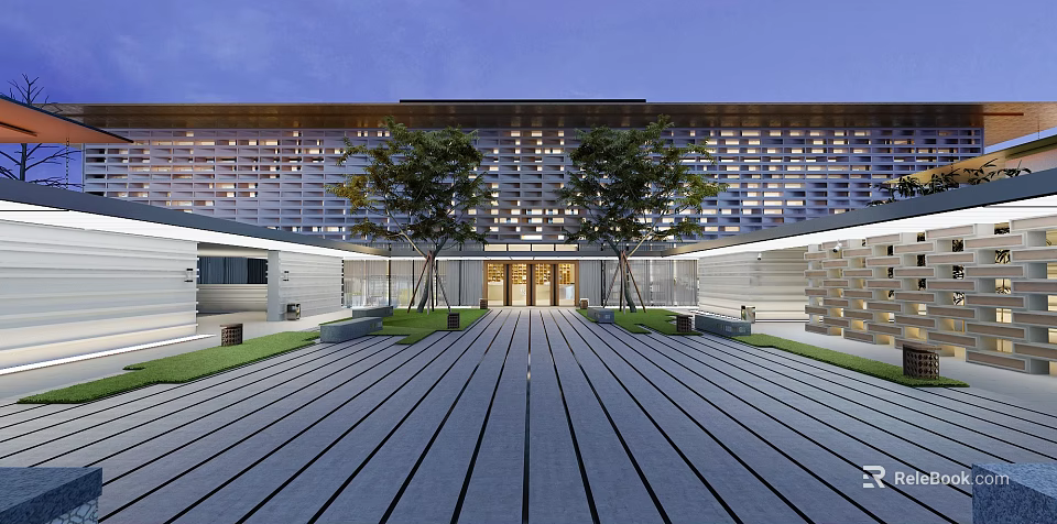 Modern Museum Building Exterior With Illuminated Windows Courtyard Trees And Wooden Walkway 3d model 