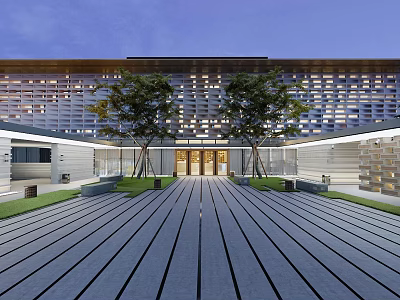 Modern Museum Building Exterior With Illuminated Windows Courtyard Trees And Wooden Walkway 3d model