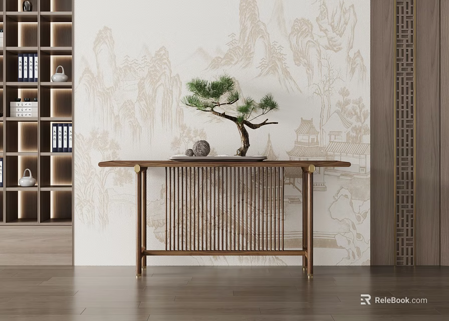 Traditional Chinese Wooden Console Table Interior Design With Pine Bonsai And Landscape Background 3d model 