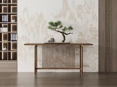 Traditional Chinese Wooden Console Table Interior Design With Pine Bonsai And Landscape Background 3d model