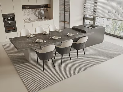 Stylish Modern Dining Table Set With Four Grey Chairs And Marble Top Near Kitchen Island 3d model