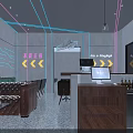 Modern Bar Interior With Dark Background Neon Lights Bar Counter Bottle Shelves And Tables Chairs