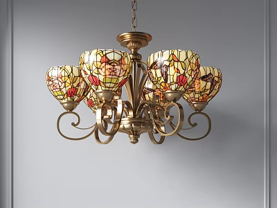 Vintage Stained Glass Chandelier With Golden Metal Frame And Elegant Design 3d model