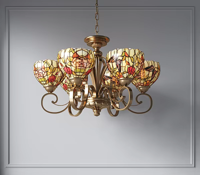 Vintage Stained Glass Chandelier With Golden Metal Frame And Elegant Design 3d model