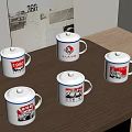Five White Mugs With Lids And Red Black Patterns On Wooden Table 3d model