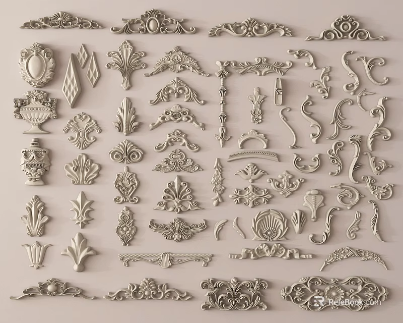 Carved Ornaments Collection With Floral Scroll Patterns Decorative Motifs And Intricate Designs 3d model 