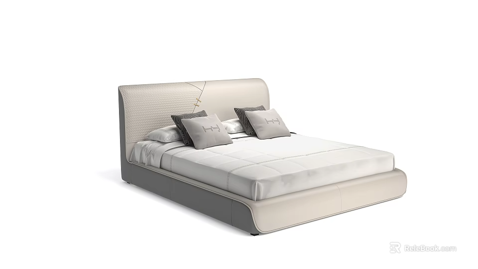 Modern Double Bed With Textured Upholstered Headboard Light Beige Mattress And Pillows 3d model 