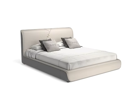 Modern Double Bed With Textured Upholstered Headboard Light Beige Mattress And Pillows 3d model