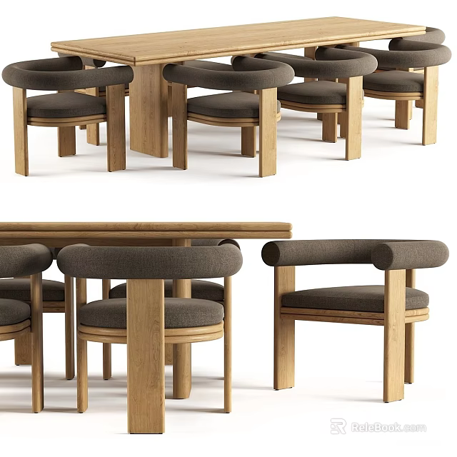 Modern Wooden Dining Table Set With Upholstered Armchairs And Natural Frame 3d model 