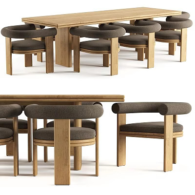 Modern Wooden Dining Table Set With Upholstered Armchairs And Natural Frame 3d model