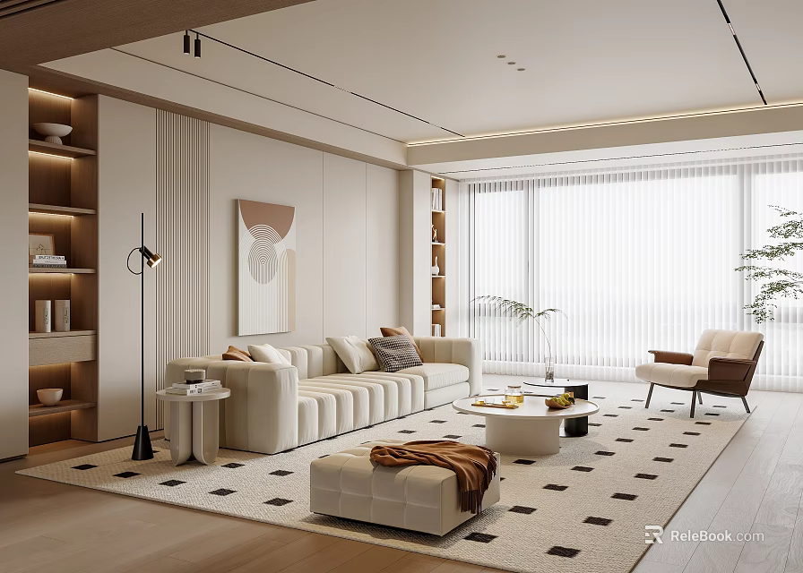 Modern Living Room Interior With Beige Sofa Rug Floor to Ceiling Windows And Bookshelves 3d model 