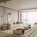 Modern Living Room Interior With Beige Sofa Rug Floor to Ceiling Windows And Bookshelves