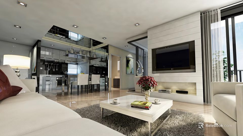 Modern Living Dining Room Interior With White Sofa Coffee Table TV Wall And Fireplace 3d model 