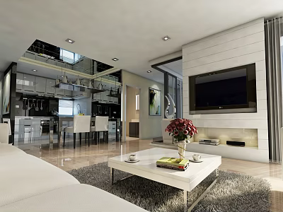 Modern Living Dining Room Interior With White Sofa Coffee Table TV Wall And Fireplace 3d model