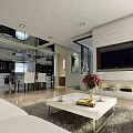 Modern Living Dining Room Interior With White Sofa Coffee Table TV Wall And Fireplace