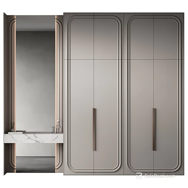 Modern Wardrobe Design With Panel Doors Metal Handles And Mirror Beside 3d model 