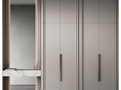 Modern Wardrobe Design With Panel Doors Metal Handles And Mirror Beside 3d model