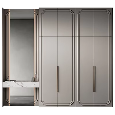 Modern Wardrobe Design With Panel Doors Metal Handles And Mirror Beside 3d model