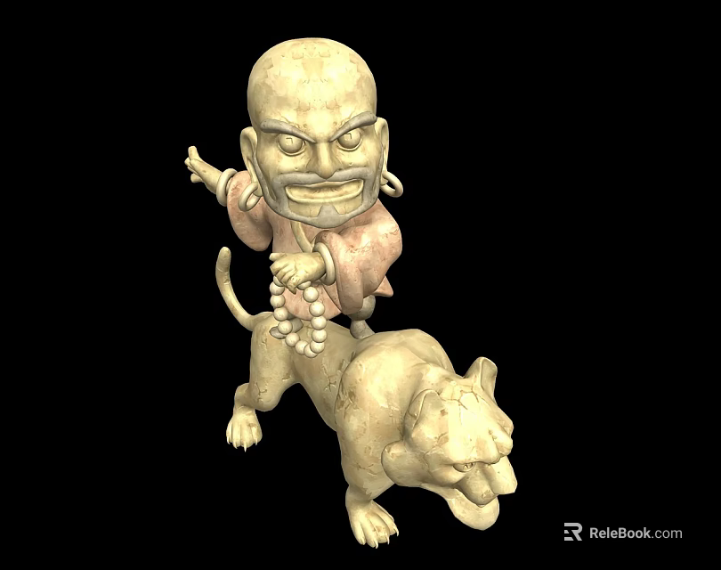 Traditional Style Sculpture Carving Of Human Figure Riding Tiger With Pearl Beads 3d model 
