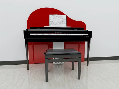 Black Piano With Music Sheet And Black Bench On Light Wooden Floor Red Background 3d model
