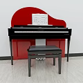 Black Piano With Music Sheet And Black Bench On Light Wooden Floor Red Background
