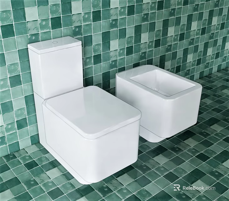 Modern White Ceramic Toilet in Bathroom With Green Tiled Walls and Floor 3d model 