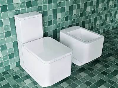 Modern White Ceramic Toilet in Bathroom With Green Tiled Walls and Floor 3d model