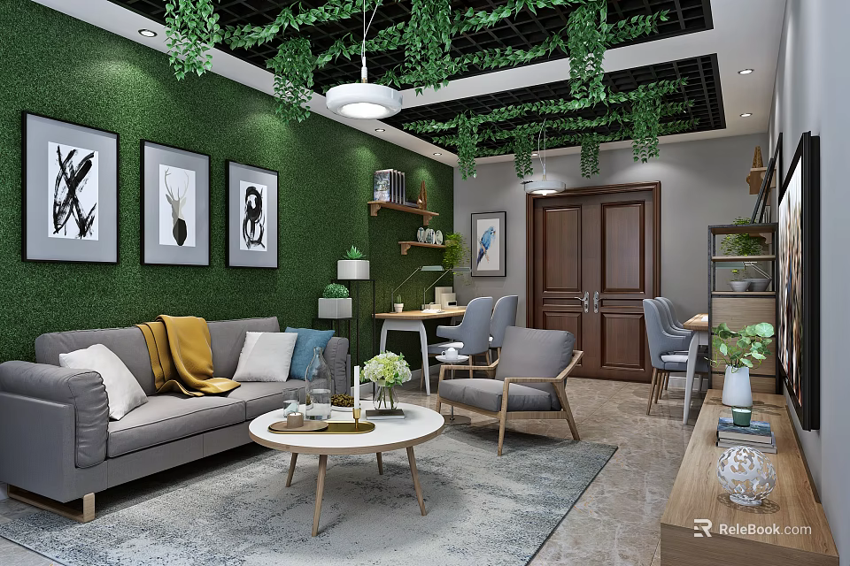 Hotel Public Lounge Area with Green Wall Hanging Vines Ceiling Lights and Comfortable Seating 3d model 