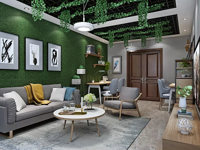 Hotel Public Lounge Area with Green Wall Hanging Vines Ceiling Lights and Comfortable Seating 3d model
