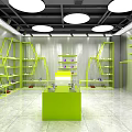 Public Office Space With Green Shelves Round Ceiling Lights And Shiny Floor