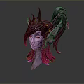 3D Elf Game Movie Character With Horned Headdress Gray Purple Pink Hair Green Glowing Eyes