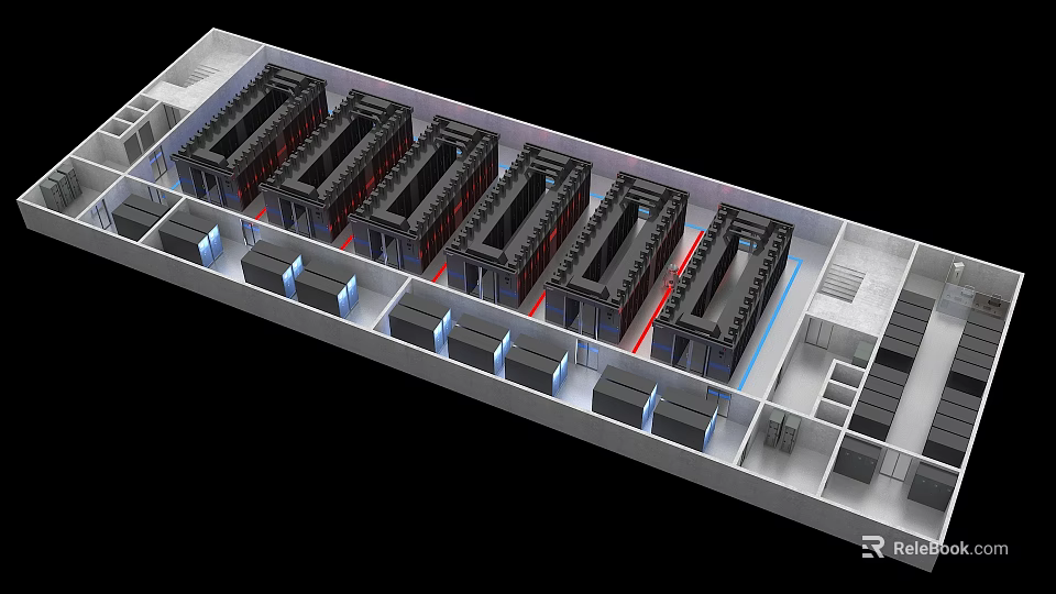 Data Center Server Racks Infrastructure With Blue Red Lights And Organized Layout 3d model 