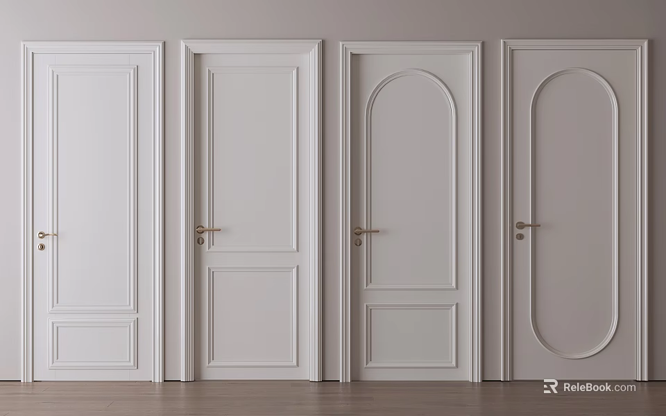 White Hinged Doors With Various Designs Arched Panels Golden Handles Light Walls Wooden Floor 3d model 
